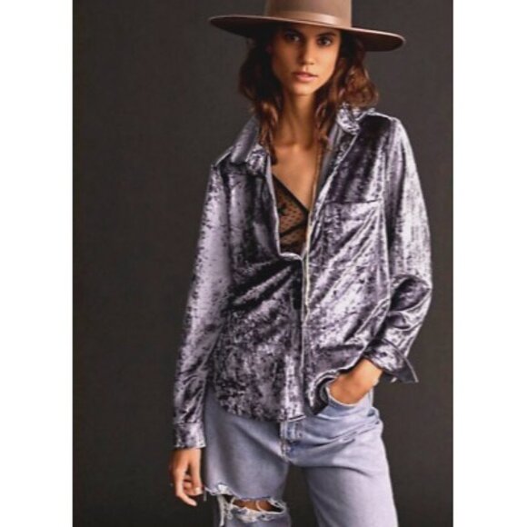 NWT Graphite Blue Crushed Velvet Long Sleeve Button Front Relaxed Fit Top - Picture 15 of 16